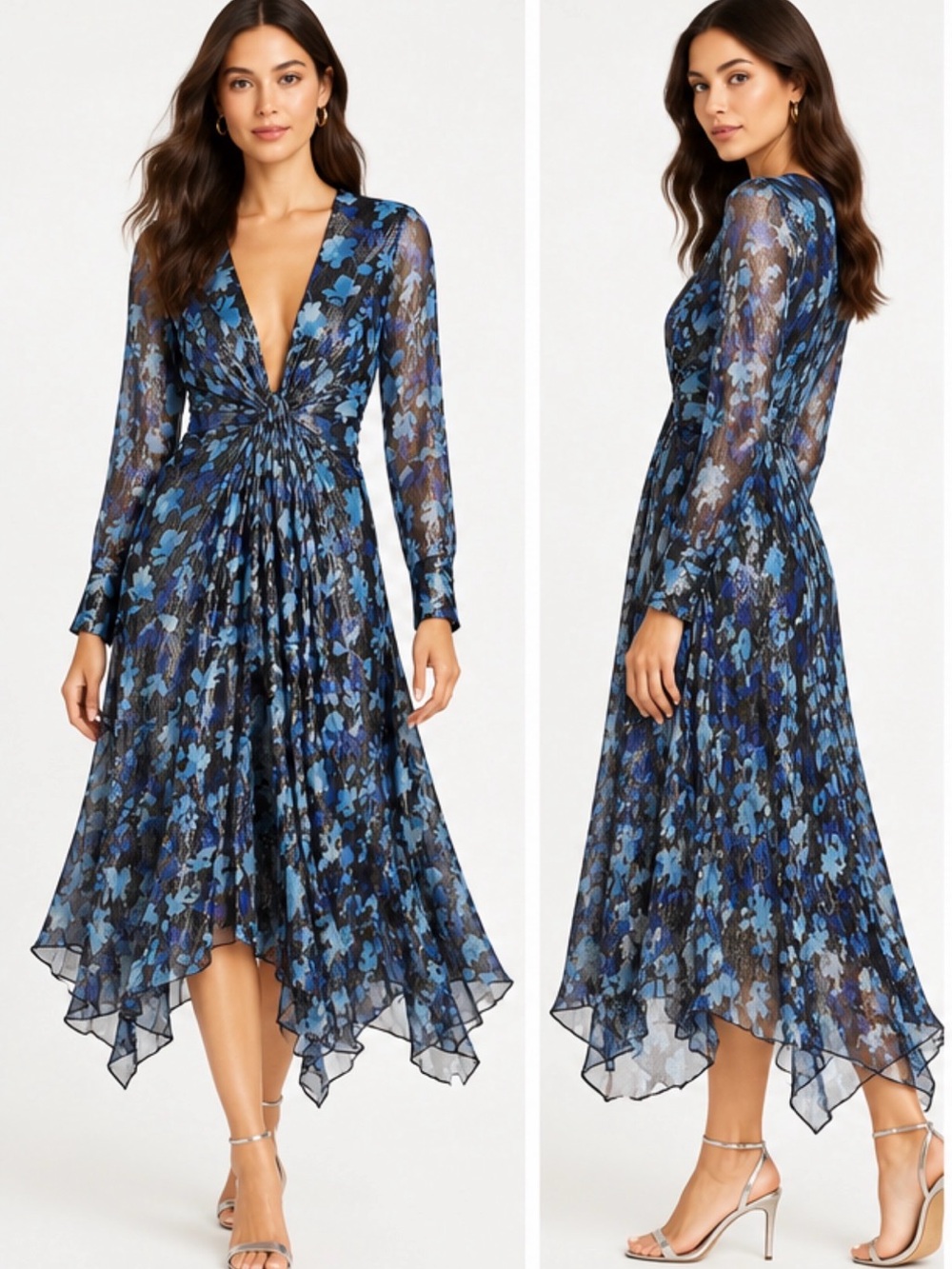 Ramy Brook Tatia Floral Metallic Silk Twist Midi Dress – Dream Blue Twilight Sz0